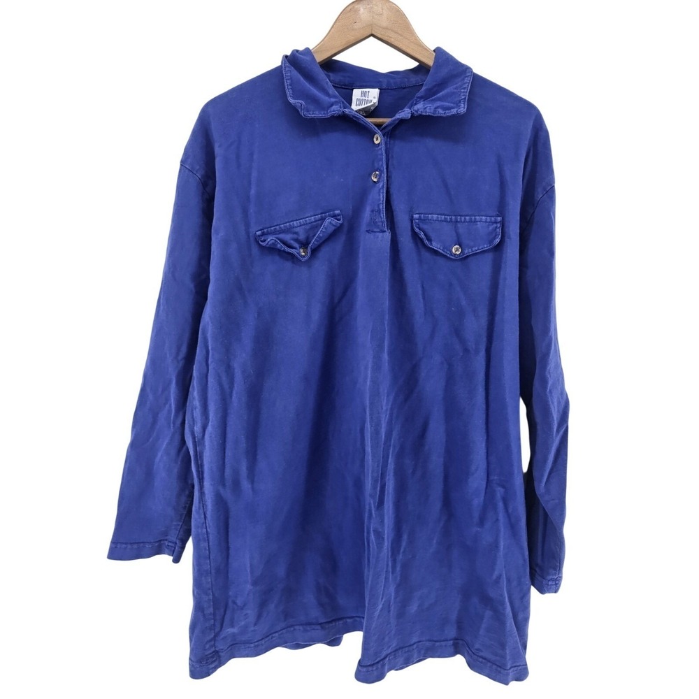 Hot Cotton Henley Shirt Womens Large Blue Vintage 90s Made in USA Long Sleeve
